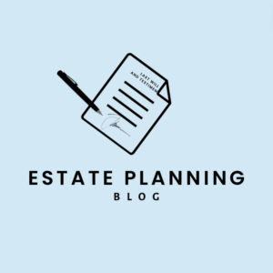 light blue background, signed document with the caption "estate planning blog"