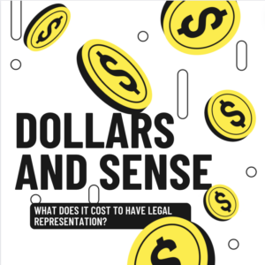 coins falling, caption "dollars and sense, what does it cost to have legal representation?"